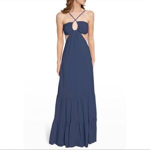 NICOLE MILLER Cutout Maxi Halter Dress In Denim Blue